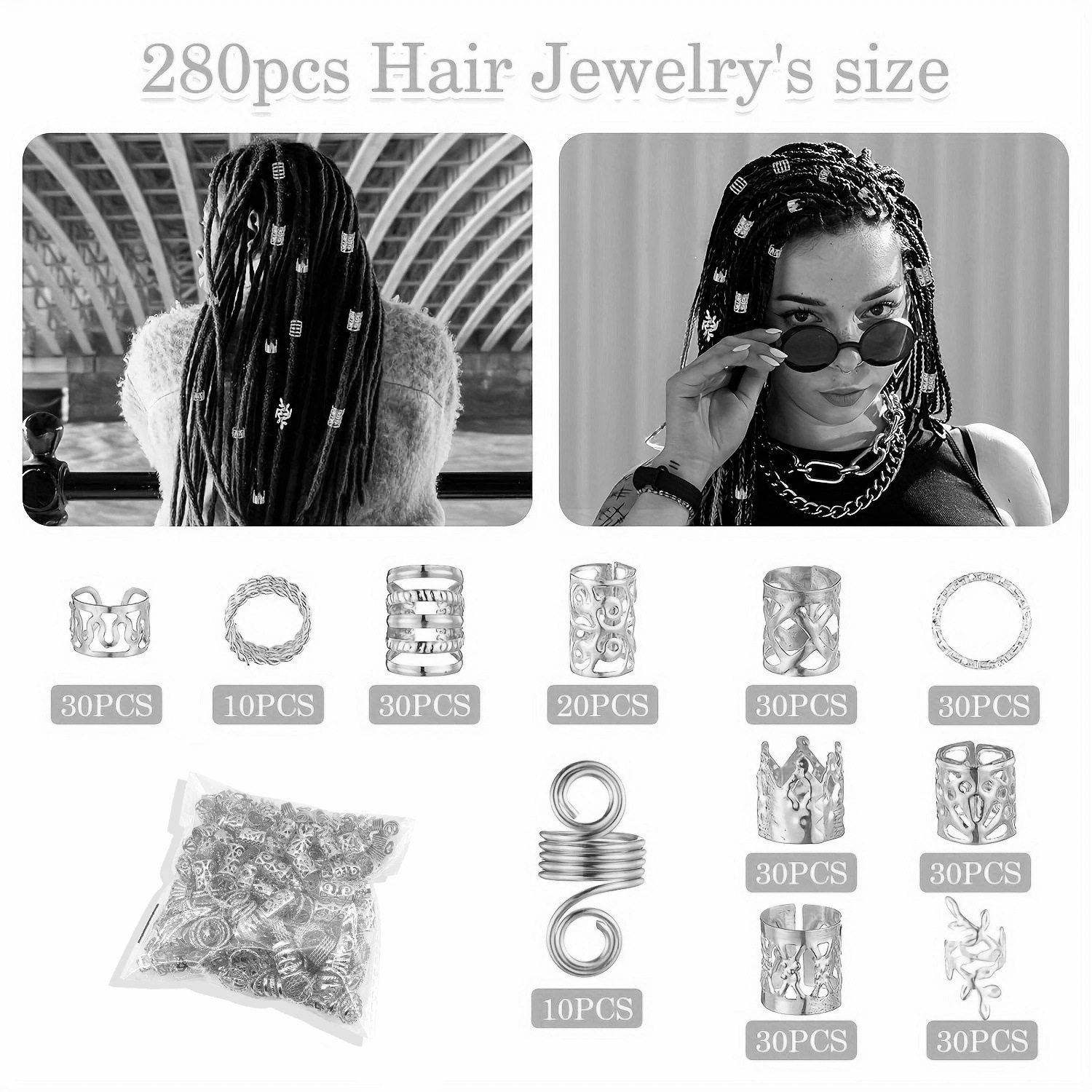 280 piezas de Amazon Trenza Accesorios para el cabello Accesorios para rastas de cabello Anillo para trenzas Tejido con cuentas Hombros de puños de bricolaje transfronterizos