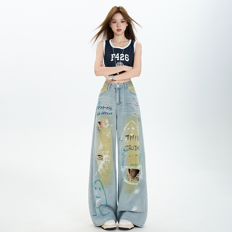 时尚洋气百搭涂鸦破洞直筒牛仔裤女2025年夏季新款宽松显瘦阔腿裤|undefined