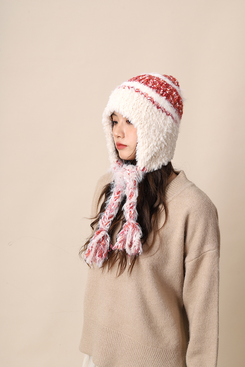 Cappello di lana lavorato a maglia con lacci colorati per donna autunno inverno nuovo caldo protezione per le orecchie e fascia per la testa a strisce colorate_voghion.com