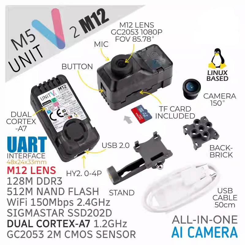 Official M5Stack Unitv2-M12 Ai Recognition Programmable Development Vision Module 1080P Camera