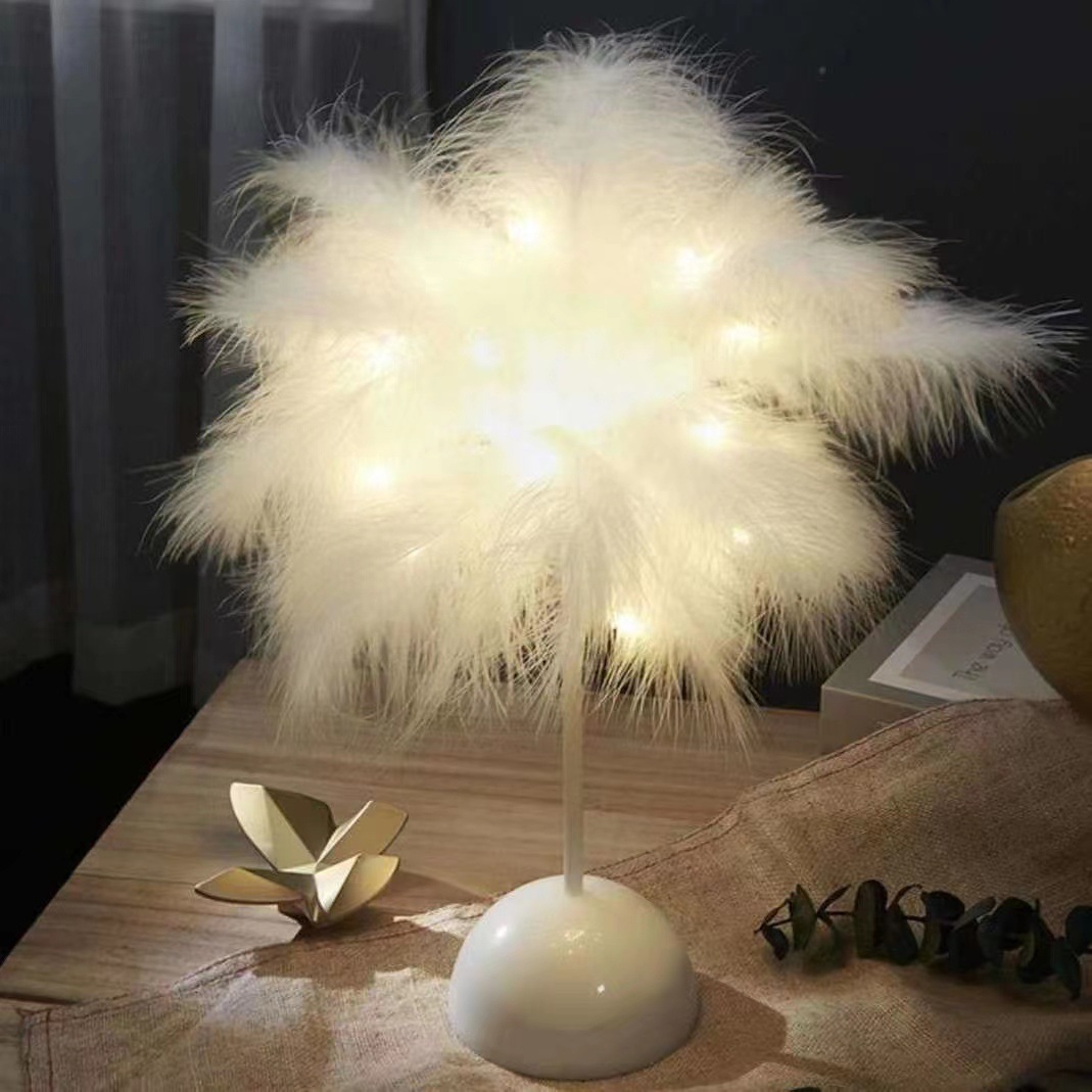 창조적 인 LED 깃털 램프 생일 선물 그물 붉은 장식 밤 빛 침실 침대 옆 깃털 테이블 램프