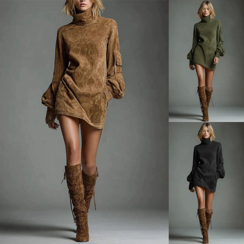 2025 European and American Cross-Border Autum New Product Deerskin Velvet Fashion High Collar Long Sleeve Flap Pocket Pants Mini Dress 2025 European and American Cross-Border Autum New Product Deerskin Velvet Fashion High Collar Long Sleeve Flap Pocket Pants Mini Dress