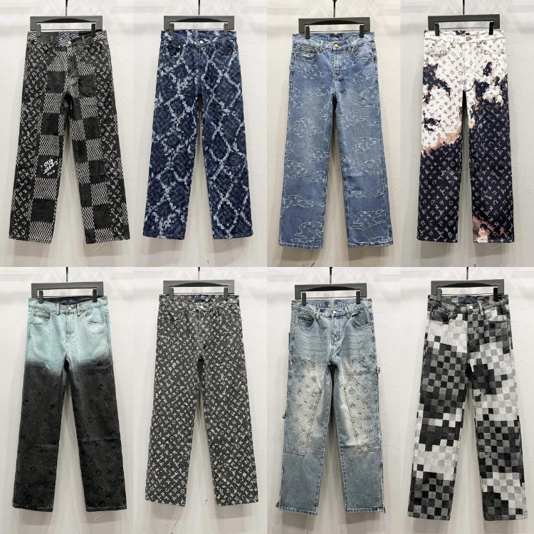 LV Monogram Denim Düz Şalvar, Uniseks Cüt Stil
