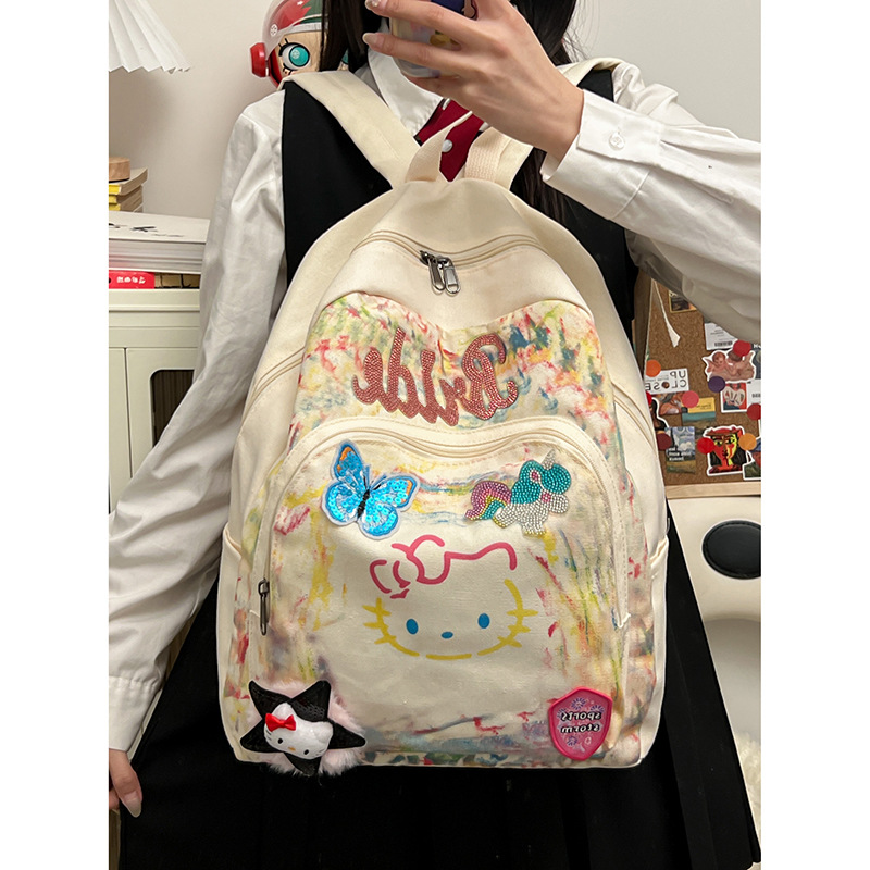 日系马卡龙彩色涂鸦帆布包学生书包百搭超萌可爱少女KT猫双肩背包