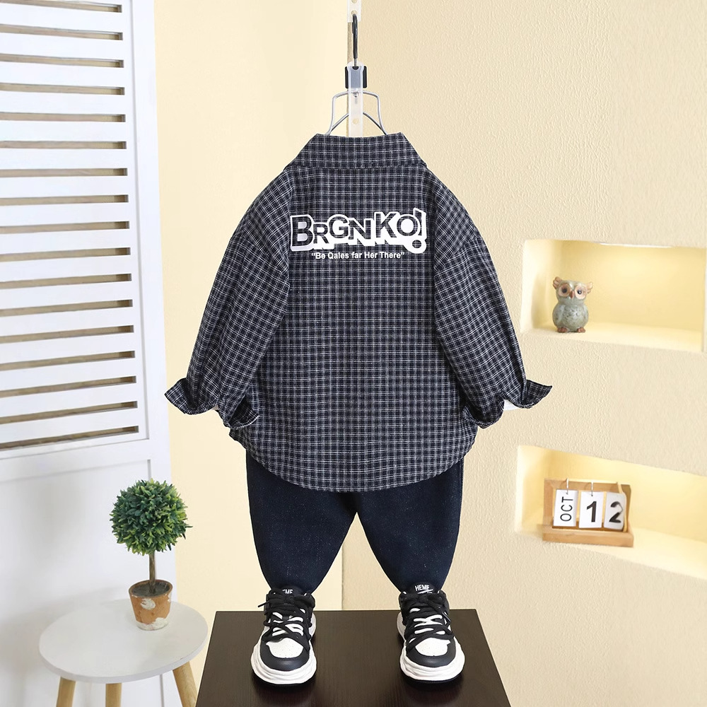 7792 Camisa a cuadros de primavera para niños 2025 Nuevo estilo de primavera y otoño para niños Camisa de manga larga de estilo occidental para niños pequeños