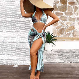 2024印花比基尼三件套亚马逊纱裙露背bikini泳衣欧美风性感