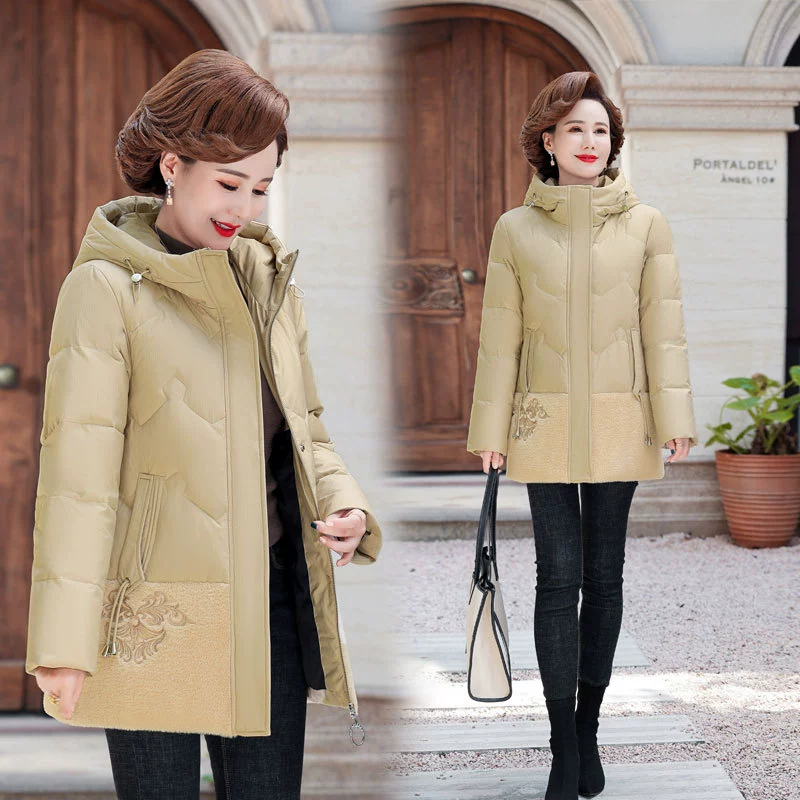 Пуховик для матери, зимняя модная теплая куртка высокого класса для женщин среднего возраста в западном стиле, стеганая куртка средней длины с вышивкой для женщин среднего возраста
