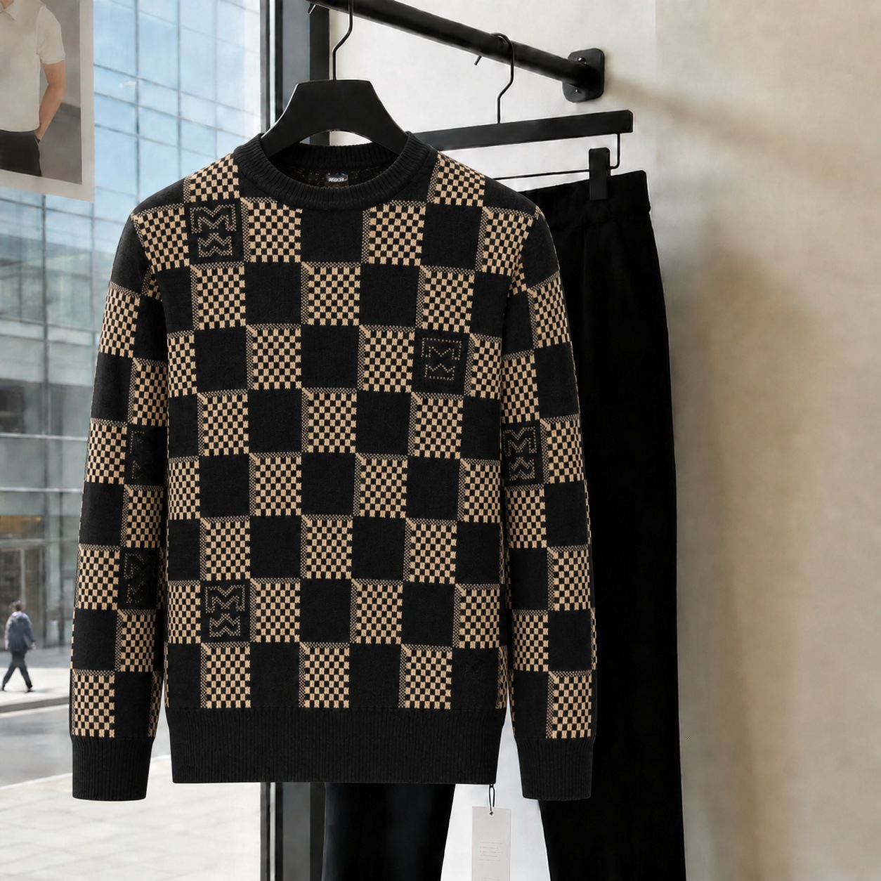 Men's plaid sweater, new autumn/winter style, trendy jacquard knit sweater, high neck, inner layer, men's outerwear.