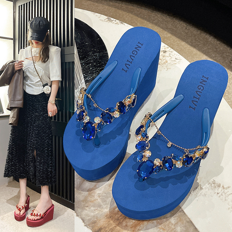 ingvivi summer new high heel flip-flops women's rhinestone wedge toe slippers elegant fashion beach sandals