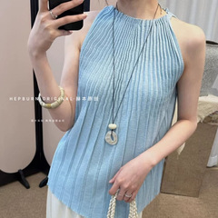 クロスボーダーヘップバーンプリーツホルターネックトップ女性の夏フレンチデザインニッチ気質ルーズノースリーブベスト痩身