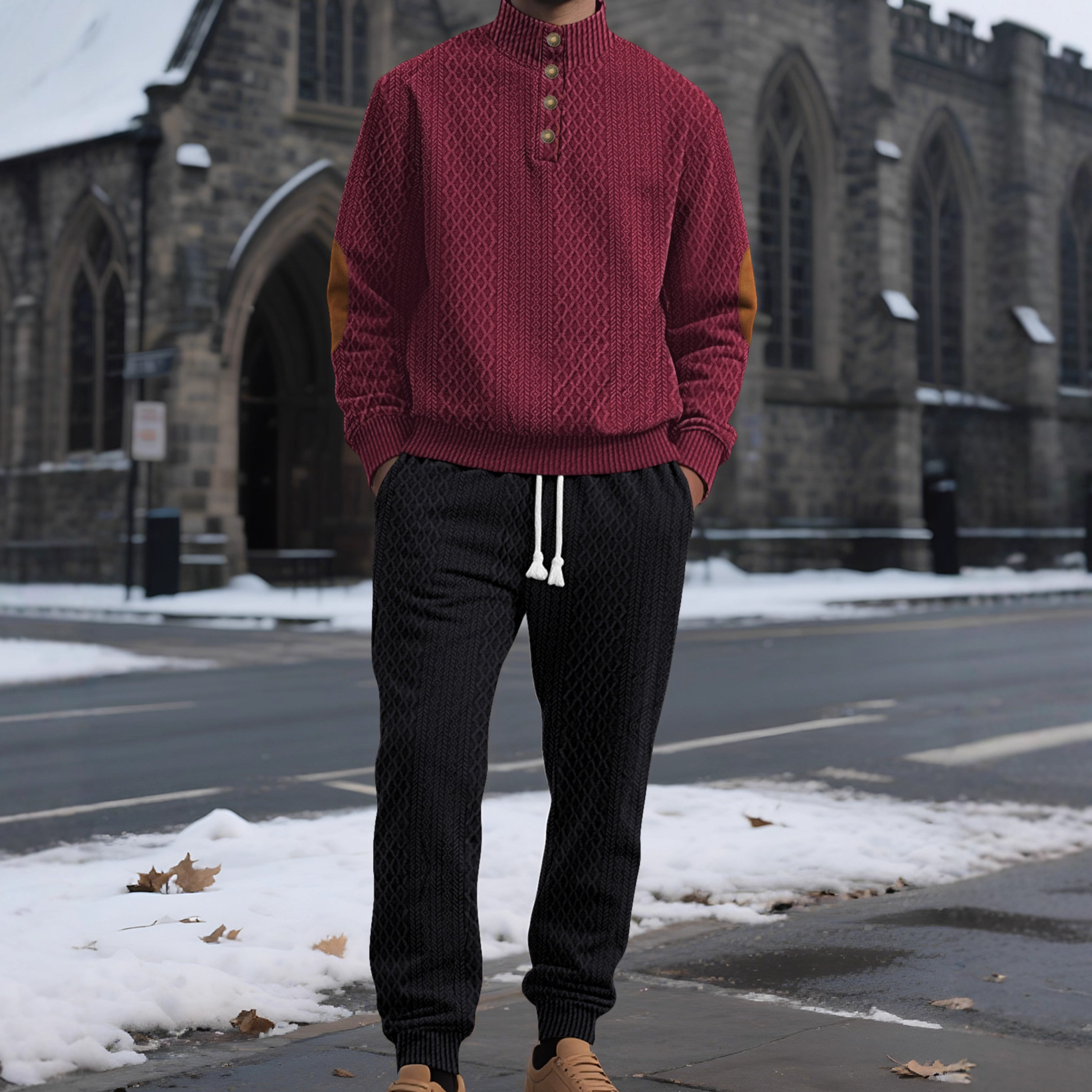 Transfronterizo Europa y América Amazon hombre cuello alto Jacquard casual bordado sweaters deportivos de color sólido manga larga pantalones largos set