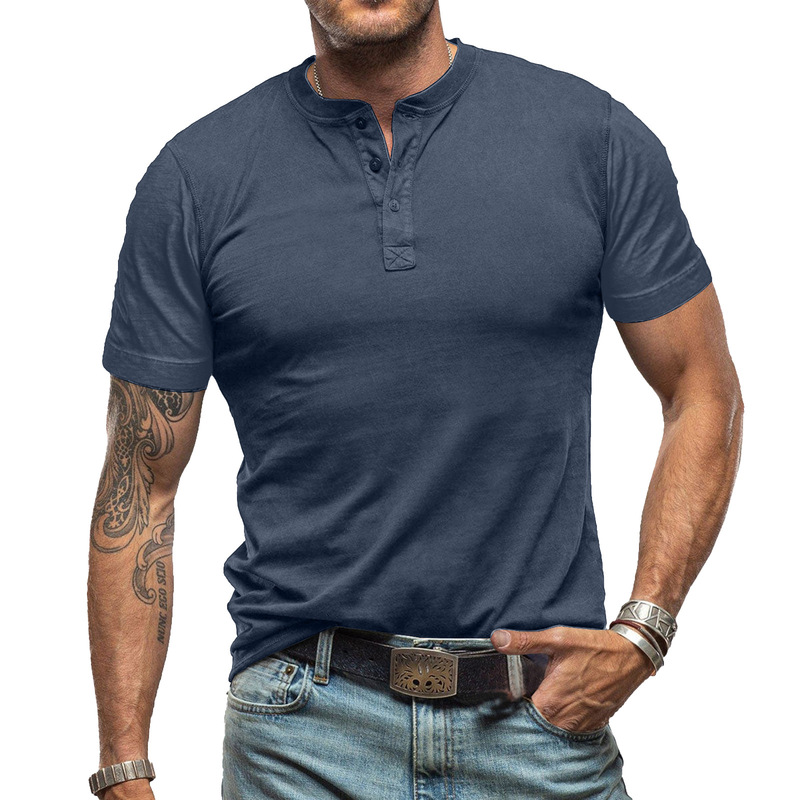 2025 Summer European and American Men's Short-Sleeved Round-Neck T-Shirt Men's Henley Shirt Men's Casual T-Shirt European and American Style