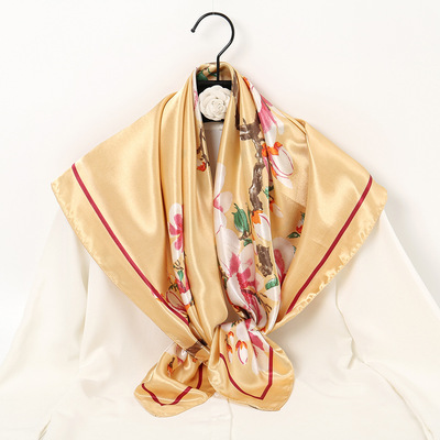 2022 new pattern Plum 5 Silk like Silk scarf scarf lady Botany flowers and plants Shawl grace Versatile 90 Kerchief