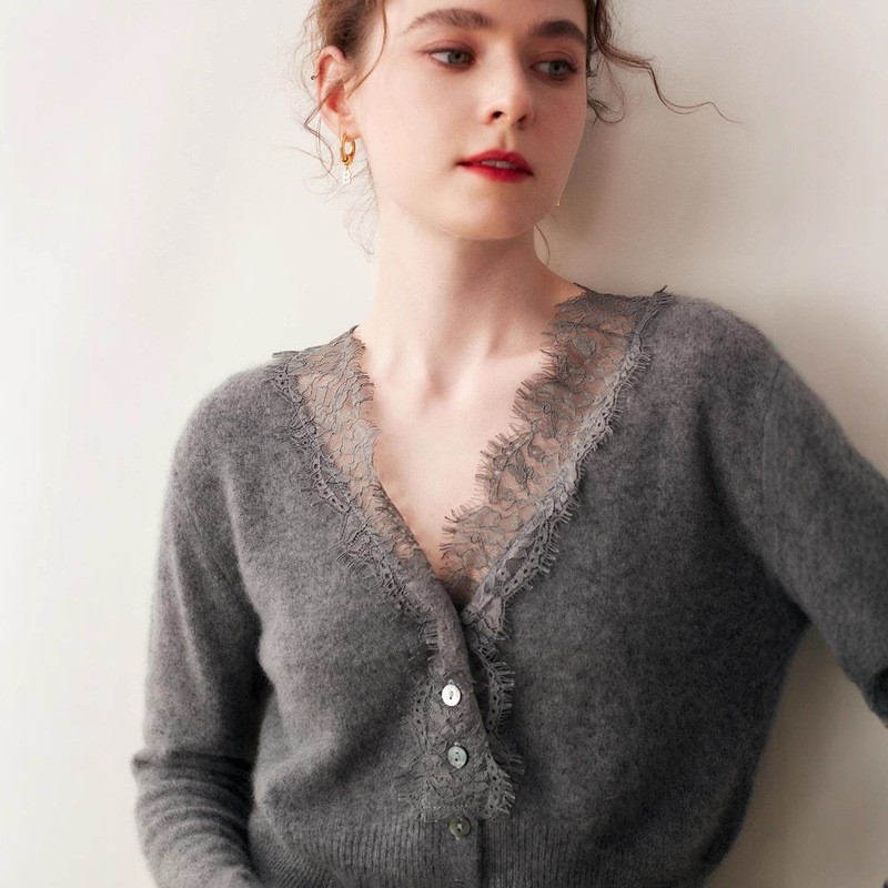 French Romance~Lace V-Neck 100% Cashmere Knitted Cardigan for Women, Base Sweater, Stylish Outerwear for Commuting French Romance~Lace V-Neck 100% Cashmere Knitted Cardigan for Women, Base Sweater, Stylish Outerwear for Commuting