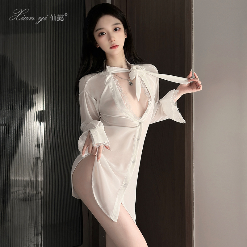仙懿 Sexy lingerie, pajamas, new shirt skirt, home wear set, pure lust style slit, see-through, no need to take off women 737