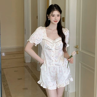 法式睡衣套装女2024年新款夏季色丁印花两件套装性感家居服可外穿