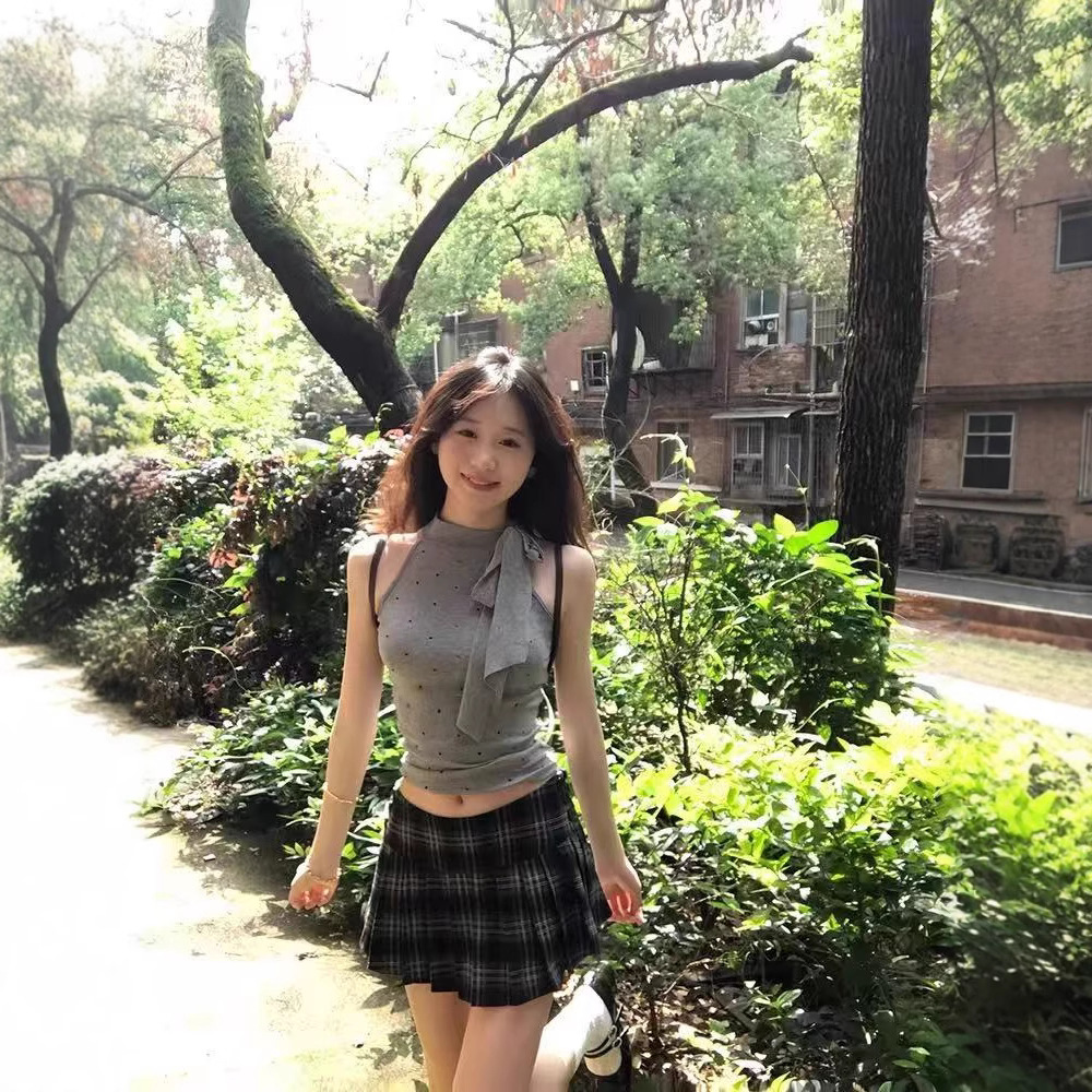 Gray Polka Dot Bow Halterneck Camisole Women's Summer Outer Wear Sleeveless Slim Fit Sexy Short Top