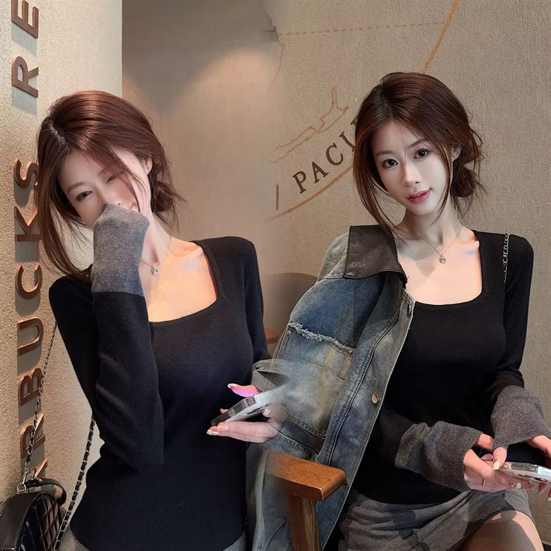 大码女装秋冬胖mm撞色长袖针织衫女修身打底衫上衣|undefined