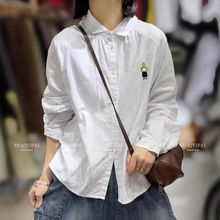 双层棉纱纯色刺绣长袖衬衫宽松大码时尚百搭打底衫衬衣女装