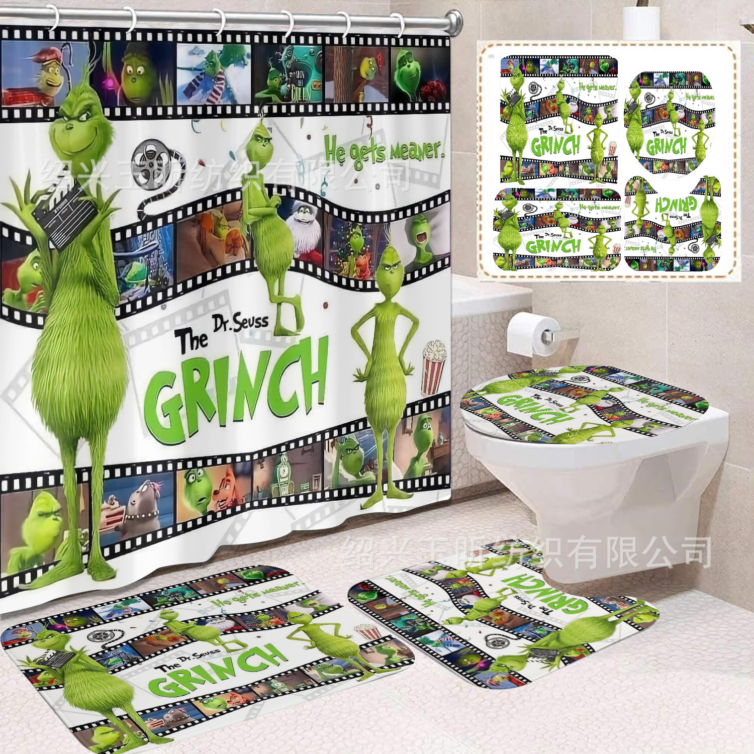 Tela de cortina de ducha transfronteriza, cortina de ducha impermeable, alfombra antideslizante de baño, juego de Grinch 4 de pelo verde al por mayor, sin perforación