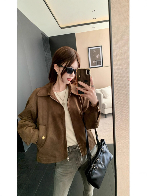 美拉德棕色仿麂皮绒外套女秋冬新款美式复古小个子短款夹克上衣|undefined