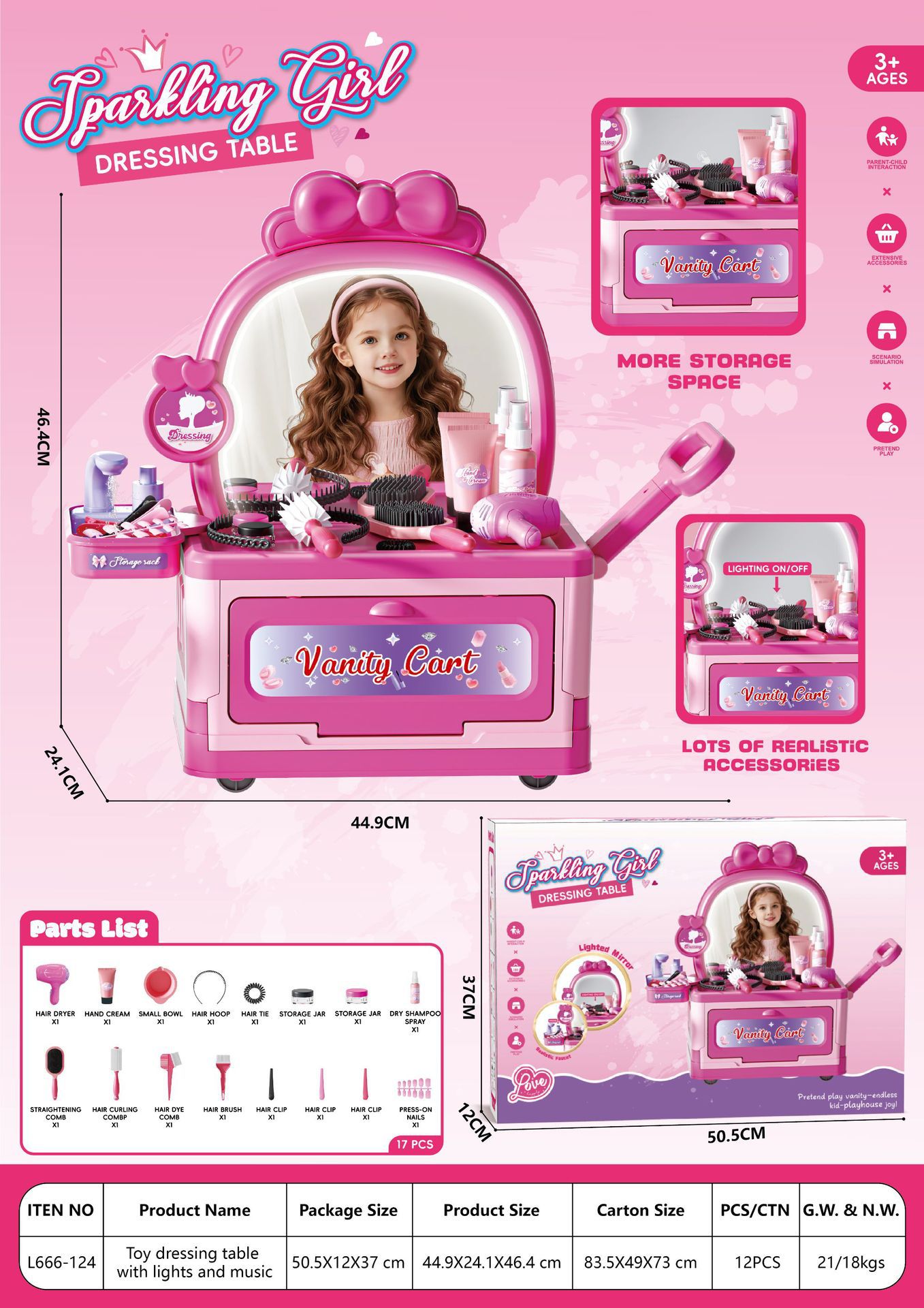 Comercio exterior infantil simulación de luces, música, princesa, joyas de maquillaje, tocador, secador de pelo, juguetes de mesa de maquillaje