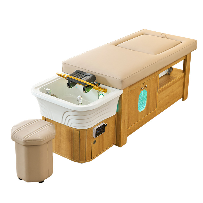 Salón de madera maciza lavabos de cabello cama con terapia de pies barbería irrigación cama de masaje de terapia de cabello cama de circulación de agua de temperatura constante