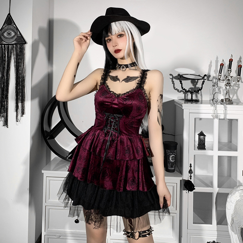 Gothic Style Suede Rose Print Solid Color Lace Dress NSGYB99729