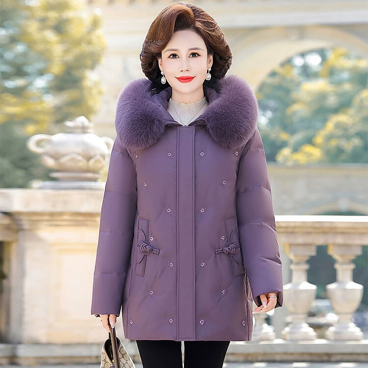 Новый пуховик для бабушки для пожилых женщин, зимнее пальто средней и длинной длины, белый пуховик на утином пуху с капюшоном и шерстяным воротником для матери