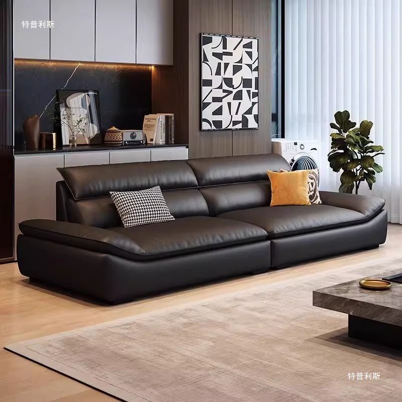 Italian Minimalist Black Sailboat Leather Sofa Modern Minimalist Living Room Lazy Sofa Light Luxury Villa Straight Sofa
