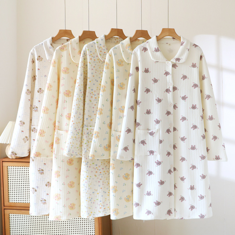 Autumn and Winter New Nightgown Women's Long-Sleeved Air Cotton Quilted Warm Loose Large Size Bathrobe Pure Cotton Bathrobe Can Be Worn Outside