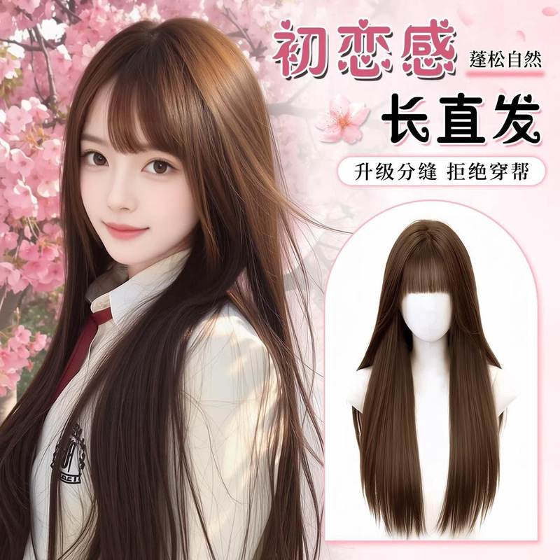 Wig for Female Influencers, Natural Everyday Seamless Black Long Straight Hair with Bangs, Stylish and Face-Flattering, Realistic Full Head Wig