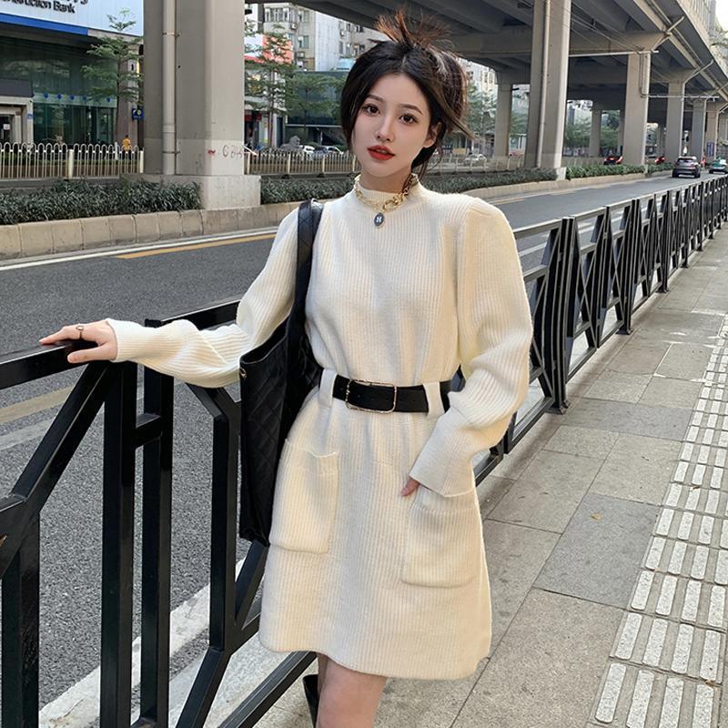 富家千金连衣裙腰带女高级感气质名媛炸街裙子配大衣中长款毛衣裙|undefined
