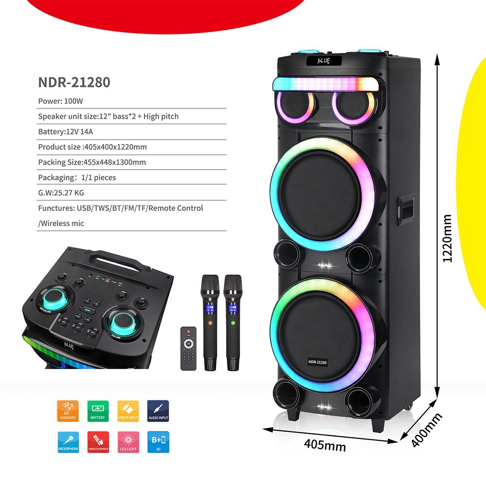 NDR - 21280 altavoz bluetooth doble 12 pulgadas altavoz micrófono inalámbrico portátil tarjeta de baile cuadrado sonido RGB luz de color
