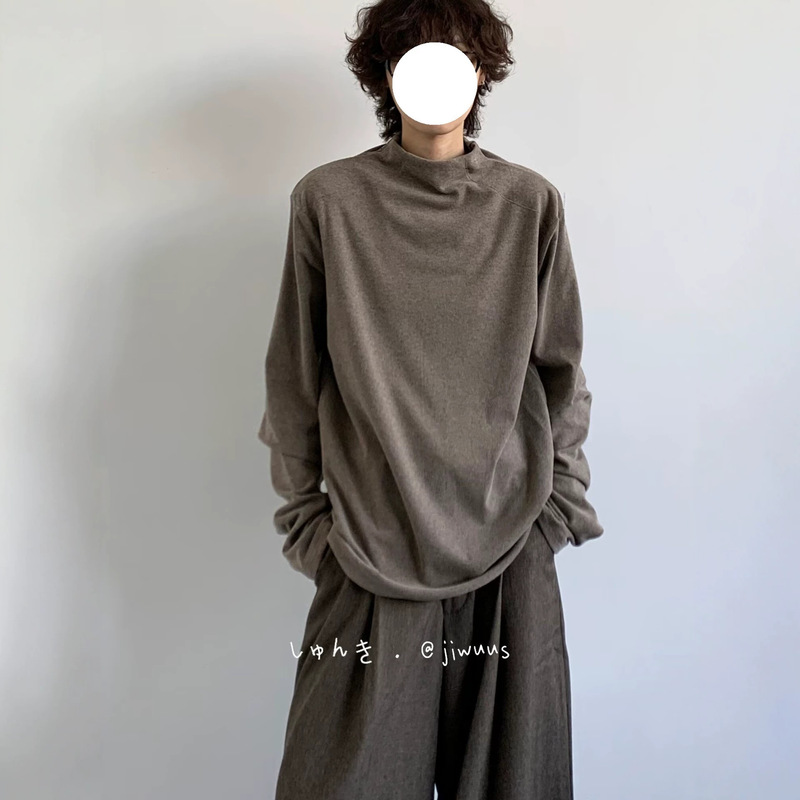 Japanese retro cleanfit casual long-sleeve T-shirt for men and women, spring and autumn, solid color, simple half-high collar, base layer shirt Japanese retro cleanfit casual long-sleeve T-shirt for men and women, spring and autumn, solid color, simple half-high collar, base layer shirt