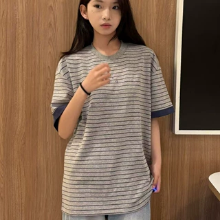 2026年夏季新款休闲风条纹正肩短袖t恤女设计感宽松显瘦百搭上衣