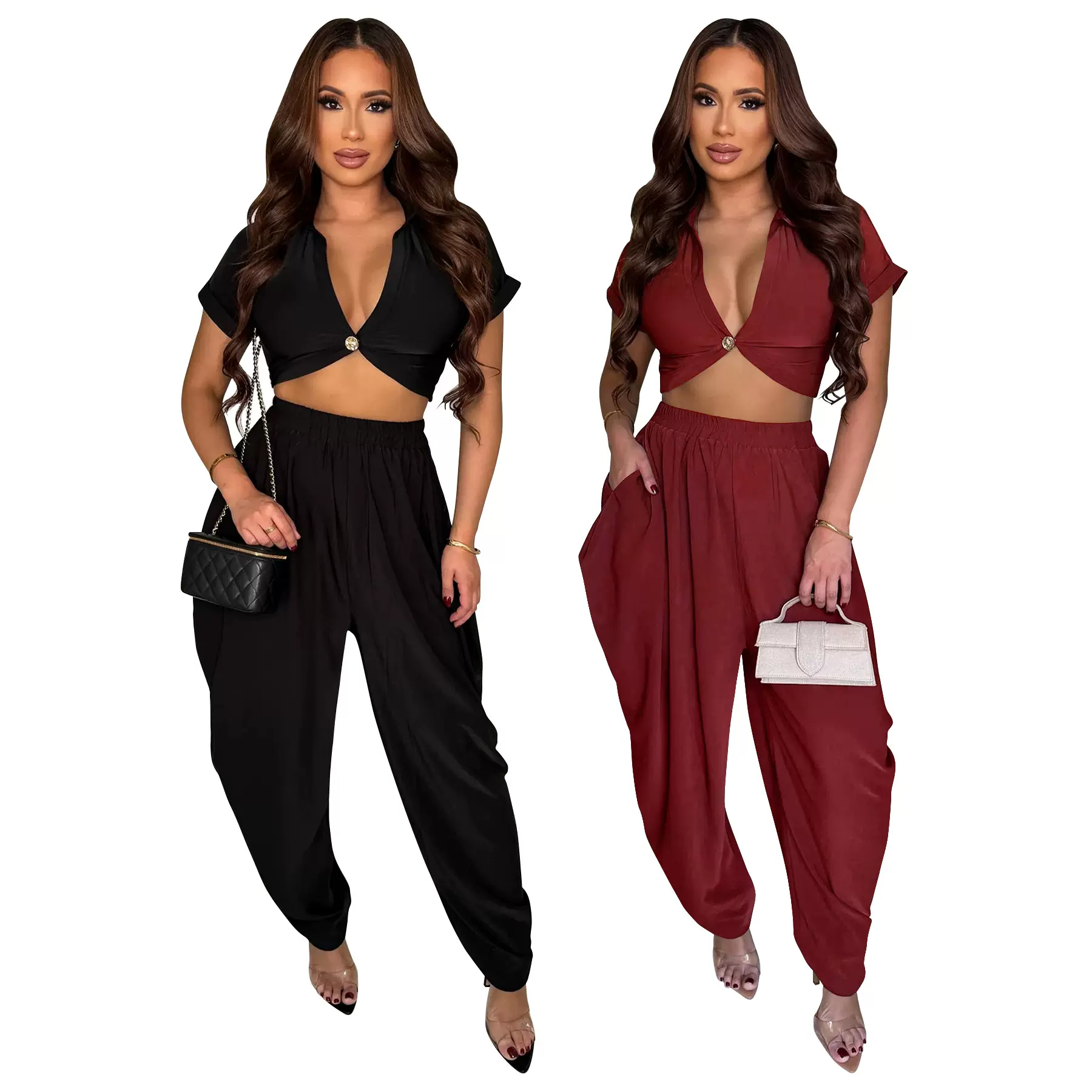 957跨境专供亚马逊欧美时尚女装性感露腰短款上衣休闲灯笼裤套装