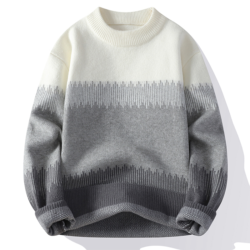 Colored demi-season knitted woolen sweater with a round collar