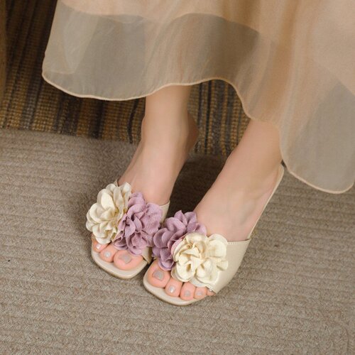 2025 Summer New Cross-border Plus Size Floral Thong Flats for Women, Slim Heel, Open-Toe Slip-On Fashion High Heel Sandals for Wholesale