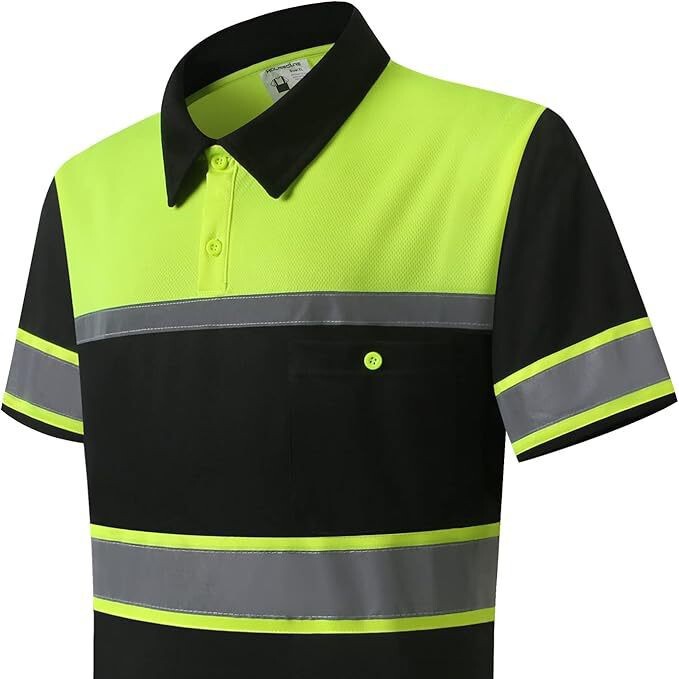 Men's Safety Shirt with High Reflectivity and Brightness, Men's Breathable Quick-Drying Polo Shirt with Pockets, Multi-Color Stitching and Reflective Elements