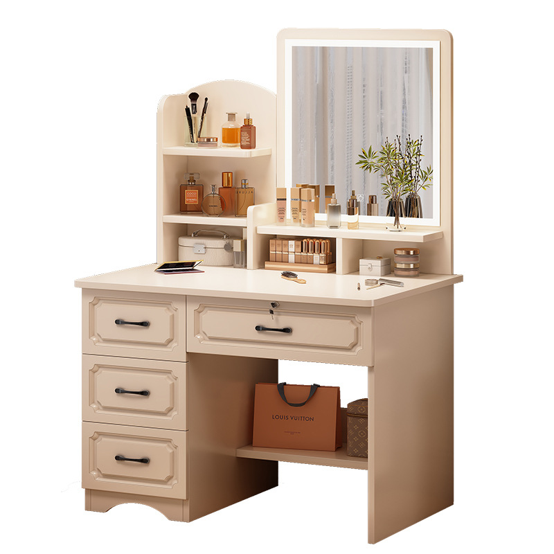 Comodador de lujo ligero de alto nivel de sensación de pequeño armario de maquillaje de estilo doméstico en una mesa de cama de dormitorio y silla de estilo crema mesa de maquillaje