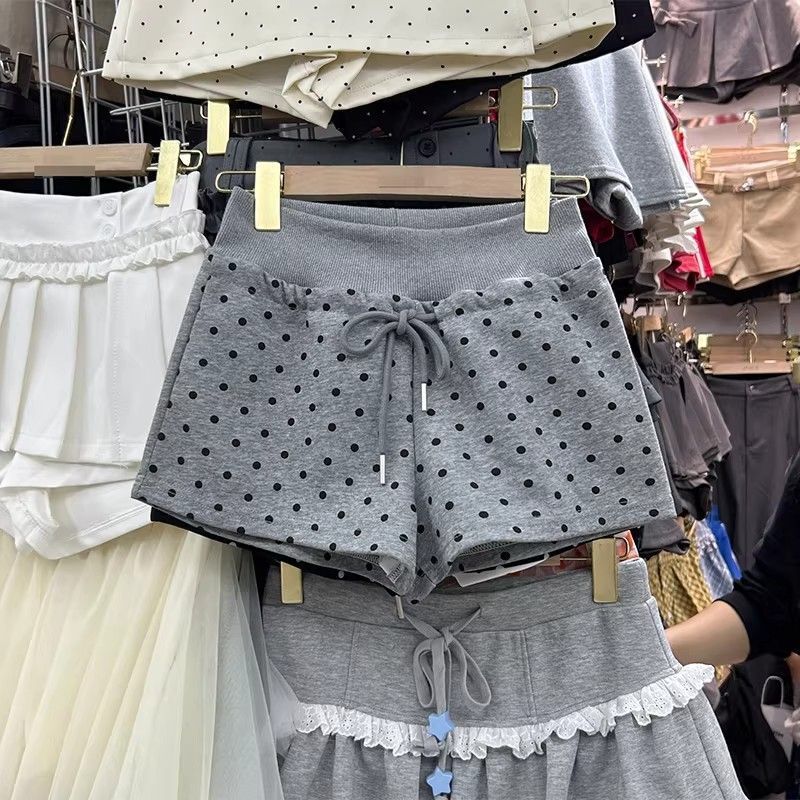 Gray polka dot drawstring sports shorts for women, 2026 spring/summer new style, versatile slim-fit casual pants for petite figures Gray polka dot drawstring sports shorts for women, 2026 spring/summer new style, versatile slim-fit casual pants for petite figures