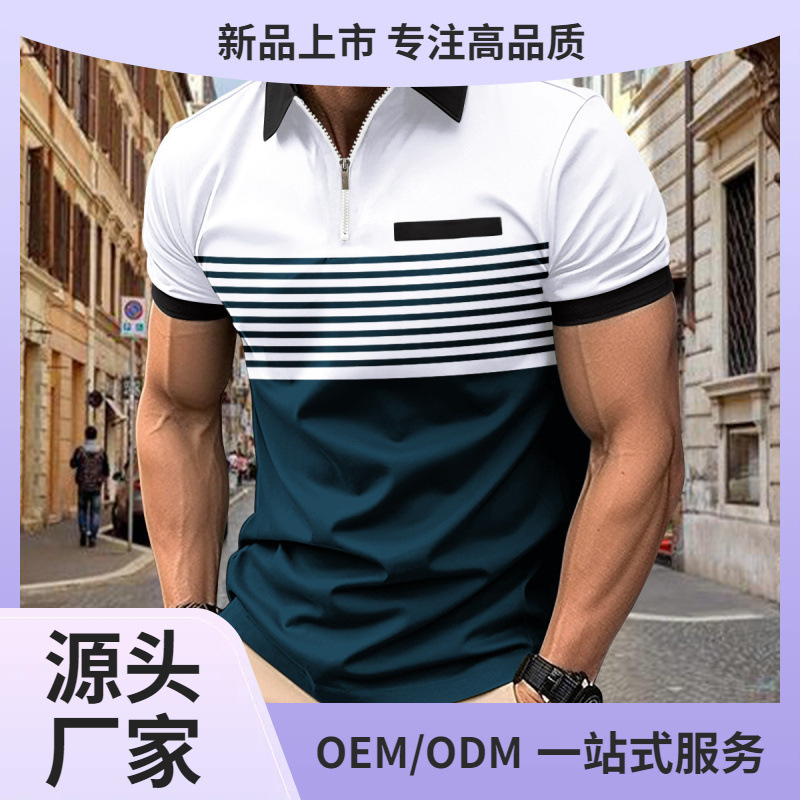 Cross-Border Summer New Men's 3D Printed Stripesd Zipper Polo Shirt Casual Popular Polyester Short-Sleeved Large Size T-Shirt Cross-Border Summer New Men's 3D Printed Stripesd Zipper Polo Shirt Casual Popular Polyester Short-Sleeved Large Size T-Shirt