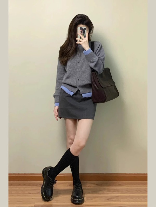 韩版hiphop灰色软糯针织衫女春秋高级感气质休闲百搭纽扣开衫外套|undefined