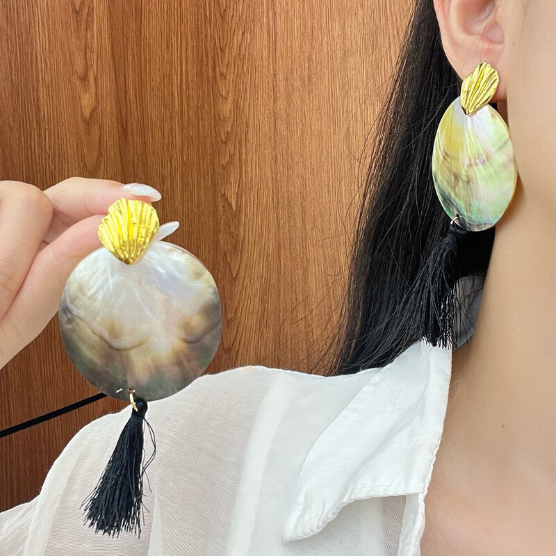 小众设计感圆形贝壳流苏吊坠项链个性气质金属贝壳颈链时尚耳饰女|undefined