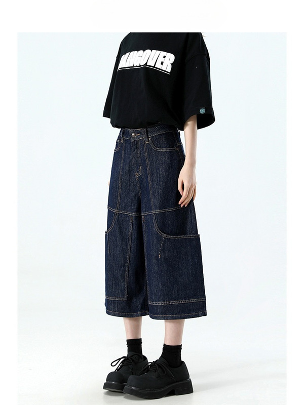 American-style dark blue workwear wide-leg cropped jeans for women, new summer style, loose and slimming American-style dark blue workwear wide-leg cropped jeans for women, new summer style, loose and slimming