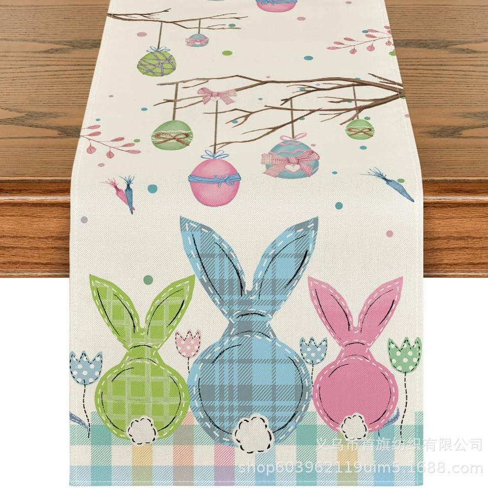 Amazon Best Selling Easter Bunny Egg Table Runner Restaurant Tabletop Holiday Party Home Decoration Table Runner