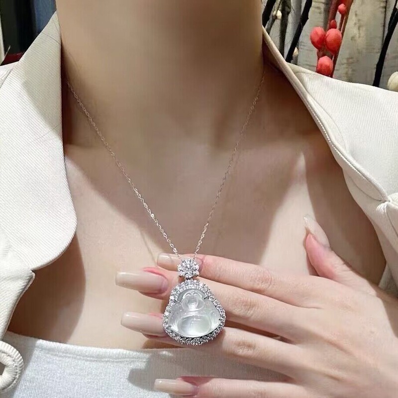 Wholesale high ice light through white chalcedony Buddha pendant inlaid jade Buddha comparable jade agate Maitreya Buddha live