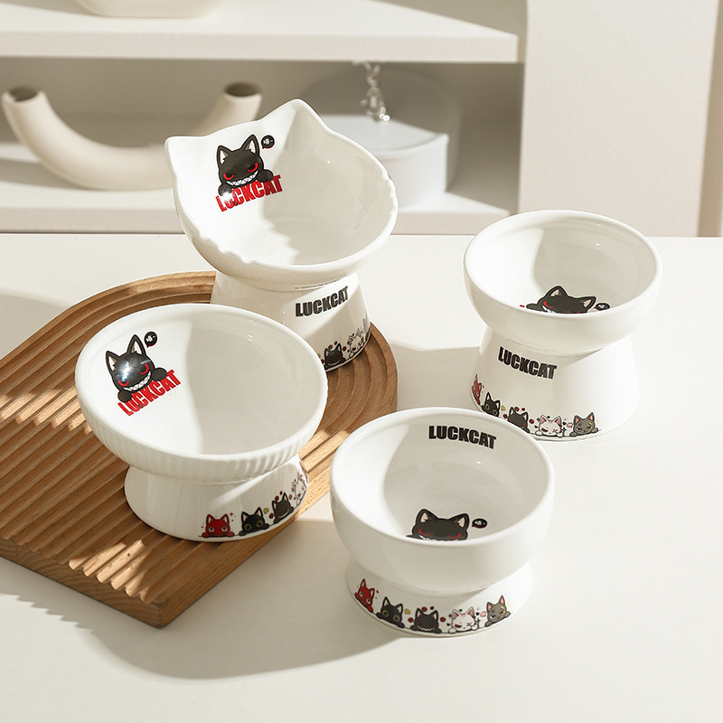 LUCKCAT cat bowl ceramic protective cervical spine drinking bowl cute oblique mouth anti-knock pet rice bowl cat food bowl