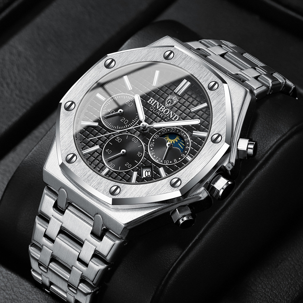 New Watch Hot Selling Model: Binbang High-end Three Eye Six Needle Multifunctional Lunar Phase Steel Band Multifunctional Men's Watch Watch_voghion.com